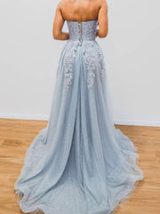 A-Line Sweetheart Neck Blue Long Prom Dresses, Blue Formal Graduation Dress