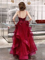 Burgundy v neck tulle lace long prom dress, burgundy evening dress