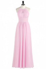 Roze chiffon halter mouwloze a-line lange bruidsmeisje jurk