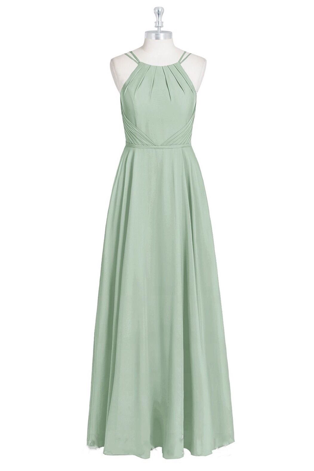 Salie groene chiffon halter a-line lange bruidsmeisje jurk