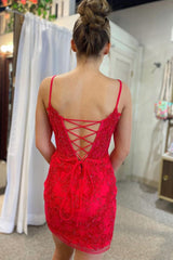 Red Appliques Plunge V Lace-Up Short Homecoming Dress
