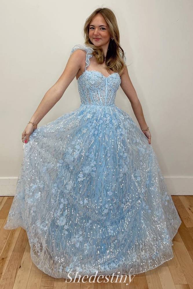 Light Blue Sweetheart Floral Embroidered Appliques Prom Dress