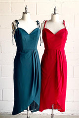 Turquoise stropdas riemen gedrapeerde midi bruidsmeisje jurk