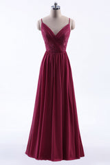 Wine Red Chiffon A-Line Lange geplooide bruidsmeisje jurk