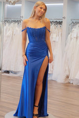 Emerald Lace Off-the-Shoulder Mermaid Long Formal Dress with Slit