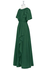 Green Crew Neck Short Sleeve Ruffled A-Line Bridesmaid Dress