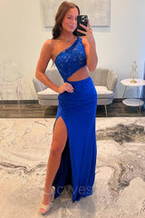 Royal Blue One Shoulder Applique Mermaid Prom Dress with Slit
