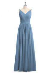 Eenvoudige stoffige blauwe V-hals Backless A-Line lange bruidsmeisje jurk