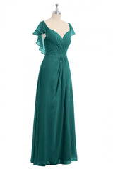 Wine Red Chiffon Backless gegolfde mouw Lange bruidsmeisjurk