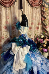 Blue Straps A-Line Floral Printed Retro Long Evening Dress Birthday Ball Gown, HZ0319