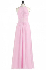 Roze chiffon halter mouwloze a-line lange bruidsmeisje jurk