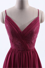 Wine Red Chiffon A-Line Lange geplooide bruidsmeisje jurk