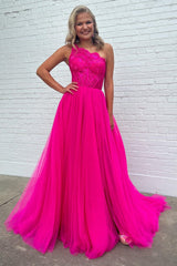Fuchsia Lace One-Shoulder A-Line Formal Dress with Detachable Sleeves