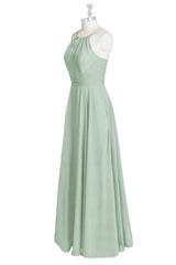 Salie groene chiffon halter a-line lange bruidsmeisje jurk