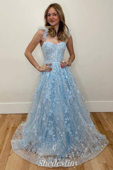 Light Blue Sweetheart Floral Embroidered Appliques Prom Dress