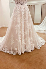 White Lace Sweetheart Straps A-Line Long Bridal Gown