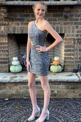 Fuchsia Sequin One-Shoulder Short Homecoming Dress with Fringe