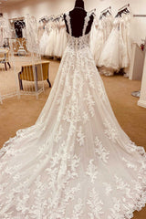 White Lace Sweetheart Straps A-Line Long Bridal Gown