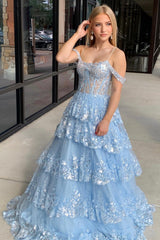 Tulle Sequin Cold-Shoulder Ruffle Tiered Long Prom Dress