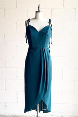 Turquoise stropdas riemen gedrapeerde midi bruidsmeisje jurk
