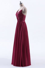 Wine Red Chiffon A-Line Lange geplooide bruidsmeisje jurk
