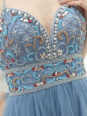 Blue backless tulle long prom dress, blue tulle formal dress
