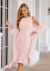 A-line Scoop Neck Knee-Length Chiffon Mother of the Bride Dresses With Pleated and Jacket Pure Color