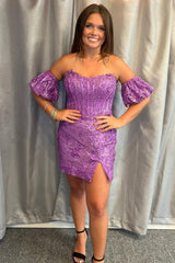 Navy Sequin Lace Strapless Short Party Dress with Puff Sleeves