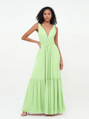 Deep V-neck chiffon layered skirt Bohemian style dress