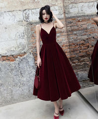 Eenvoudige Bourgondische thee -lengte prom -jurk, Bourgondische bruidsmeisje jurk
