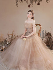 Champagne tulle long prom dress, A line tulle formal dress