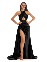 Sexy and soft satin hanging neck side slit and floor length fish tail bridesmaid dress