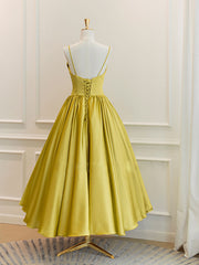 Simple yellow satin short prom dress, yellow bridesmaid dress
