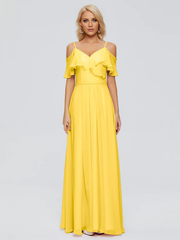 Thin shoulder strap ruffled chiffon and floor length bridesmaid dress
