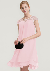 A-linePrincess Bateau Short Sleeve Knee-Length Chiffon Mother of the Bride Dress With Beading Ruffles Short