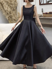Black Satin Backless Tea Length Vintage Style Party Dress, Black Short Prom Dress