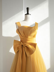 Simple yellow tulle long prom dress, yellow tulle formal dress