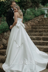 A Line Elegant Strapless White Satin Long Wedding Dress with Ruched