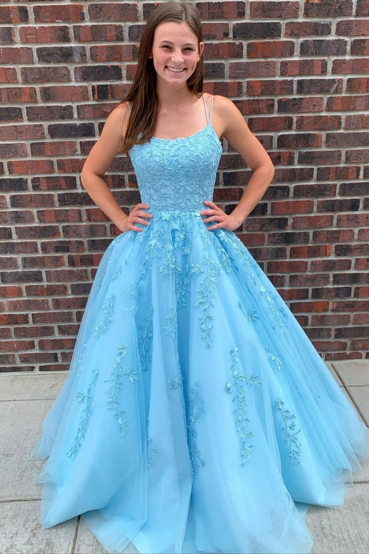 Blue Tulle Lace Long Prom Dresses, A-Line Graduation Dresses