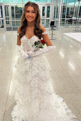 Fairytale Sequin-Embroidery Off-the-Shoulder Tiered Long Prom Dress with Slit