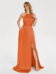 Thin shoulder strap soft satin and floor length bridesmaid dress