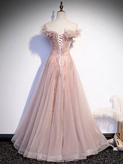 Pink tulle lace long prom dress, pink tulle formal dress