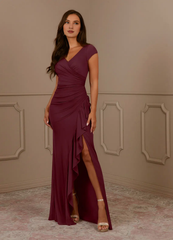 Mermaid V-neck pleated mesh and floor length mother of bride dress