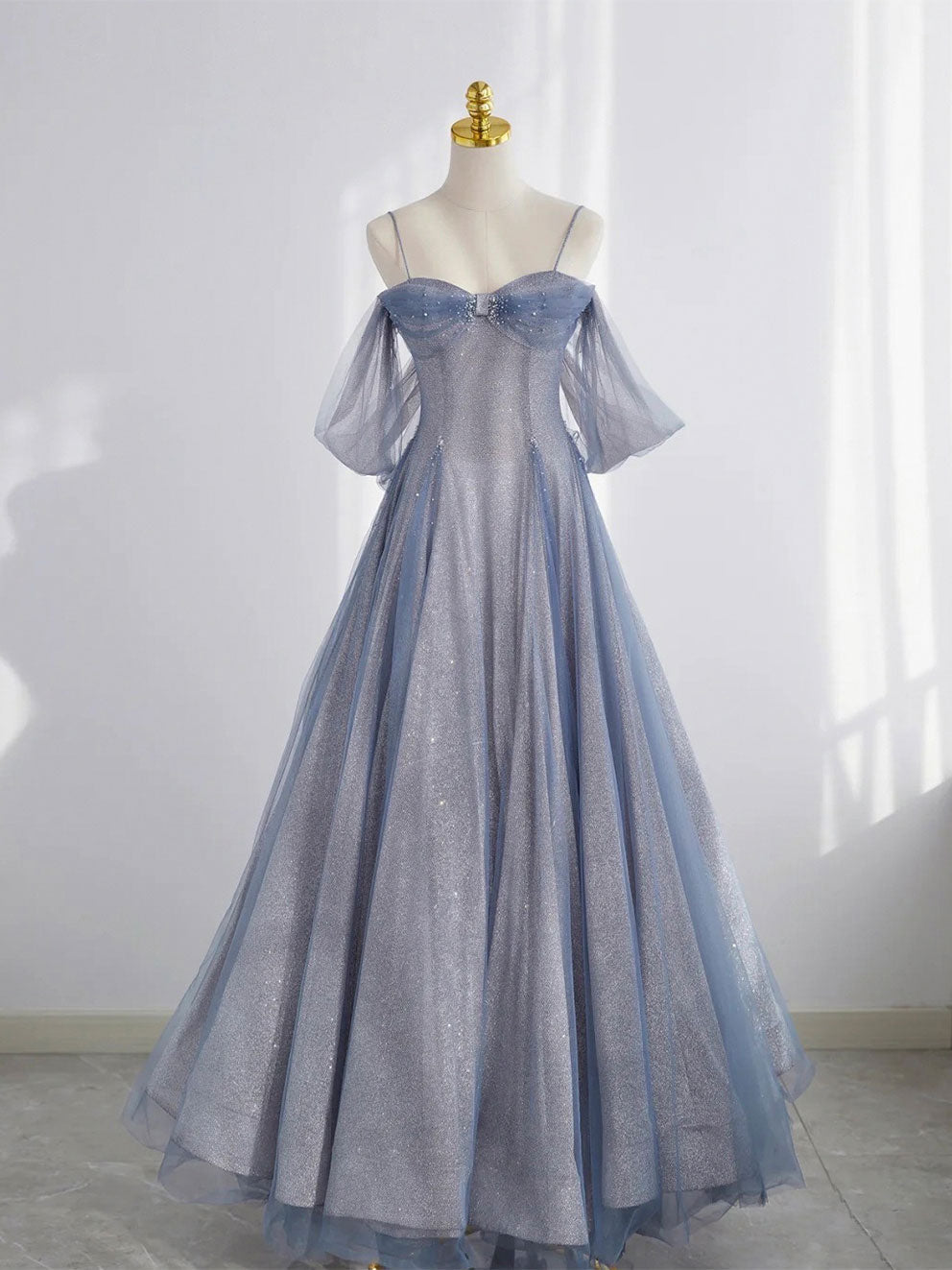 Blue sweetheart tulle long prom dress, tulle formal dress
