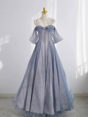 Blue sweetheart tulle long prom dress, tulle formal dress