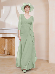 3/4 long sleeved V-neck pleated long mother of the bride dress