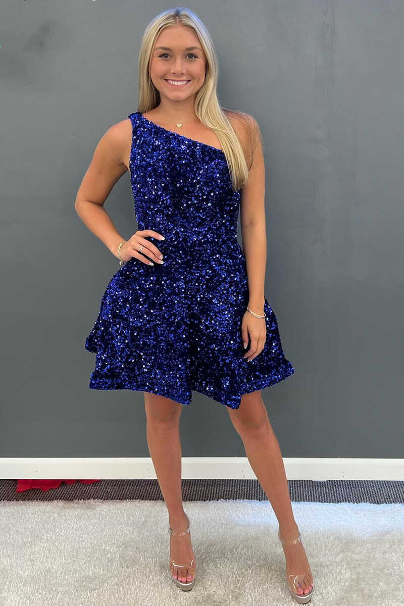 One-Shoulder Purple Sequins A-Line Short Homecoming Dress