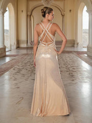 Glitter Sheath/Column V-Neck Pleats Long Prom Dress with High Split