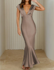Elegant V Neck Cap Sleeve Backless Satin formal dresses evening gown Bridesmaid Dresses