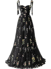 A-line Sleeves Straps Embroidery Tulle Prom Dress